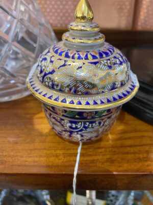 handpainted benjarong porcelain jar with lid, Benjarong porcelain jar, blue, green with gold detail